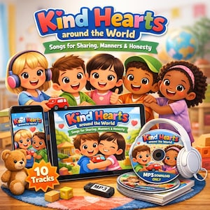 May include: An illustration promoting "Kind Hearts around the World," a children's music album. The image features cartoon children, a tablet, a phone, a CD, headphones, a teddy bear, and the text "Songs for Sharing, Manners & Honesty."