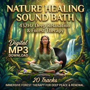 Puede incluir: Descarga digital MP3 titulada "Nature Healing Sound Bath". La imagen presenta a una mujer meditando en un entorno forestal, con texto que indica relajación profunda a 432 Hz y terapia forestal, y 20 pistas.