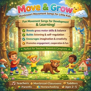 May include: Colorful illustration for children's Montessori movement songs. The image features the text "Move & Grow" and "Fun Movement Songs for Development & Learning!" with a forest background and cartoon characters. The image promotes gross motor skills, balance, listening, and creativity.