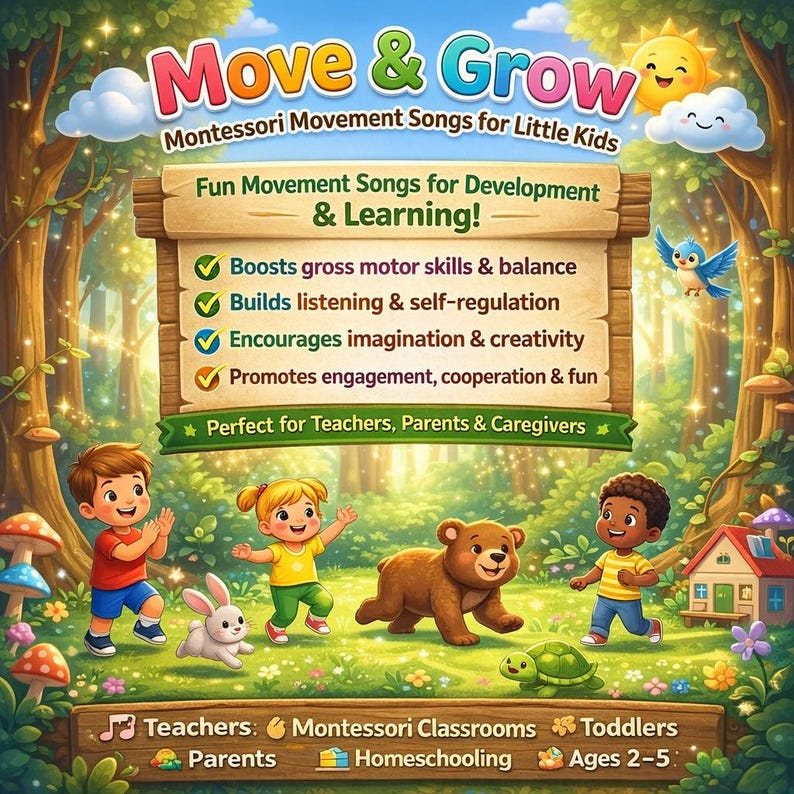 May include: Colorful illustration for children's Montessori movement songs. The image features the text "Move & Grow" and "Fun Movement Songs for Development & Learning!" with a forest background and cartoon characters. The image promotes gross motor skills, balance, listening, and creativity.