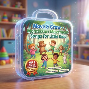 May include: A clear plastic case with a handle, featuring the text "Move & Grow - Montessori Movement Songs for Little Kids." The cover art shows cartoon children and animals in a forest setting. Includes "MP3 Digital Download" with 10 tracks.