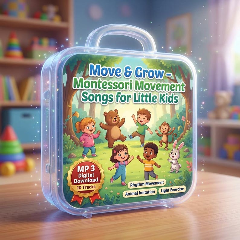 May include: A clear plastic case with a handle, featuring the text "Move & Grow - Montessori Movement Songs for Little Kids." The cover art shows cartoon children and animals in a forest setting. Includes "MP3 Digital Download" with 10 tracks.