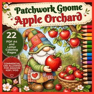 Patchwork Gnome Apple Orchard Coloring Pages for Adults | 22 Fall Harvest Book | Amazon KDP Commercial Use POD PDF Letter Interior