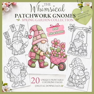 Patchwork Gnome Spring Garden Coloring Pages for Adults | 20 Floral Book | Amazon KDP Commercial Use POD PDF Letter Interior