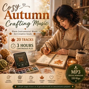 以下が含まれることがあります： 20曲、3時間の再生時間を収録したデジタル音楽アルバム「Cozy Autumn Crafting Music」。画像にはテキスト、音楽プレーヤーを表示したタブレット、スケッチブック、水彩絵の具、MP3ダウンロードアイコンが表示されています。