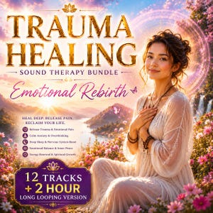 May include: A digital art image promoting a "Trauma Healing Sound Therapy Bundle." The text includes "Emotional Rebirth," and lists benefits like releasing trauma, calming anxiety, and promoting sleep. A woman in a white dress sits in a floral landscape.