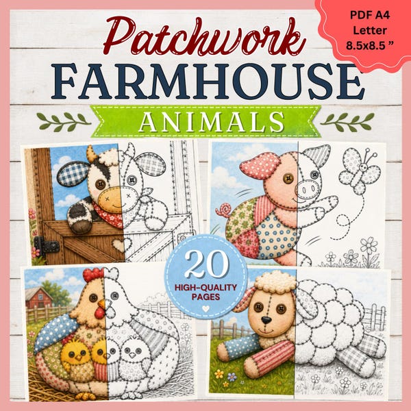 Patchwork boerderijdieren kleurplaten | Ontwerpen rustieke landelijke boerderij (pdf-download)