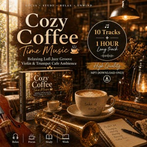 May include: An image promoting "Cozy Coffee Time Music" with a coffee cup, trumpet, and violin. The text includes "Relaxing Lofi Jazz Groove" and "10 Tracks + 1 Hour Long track." The image has a warm, inviting aesthetic, suggesting a relaxing atmosphere.