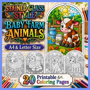 以下が含まれることがあります： Stained Glass Style Baby Farm Animalsと題された20枚の印刷可能な塗り絵のデジタルコレクション。農場の仔牛のカラーイラストと、羊、雌鶏、犬、ロバの白黒線画デザイン4点が掲載されています。
