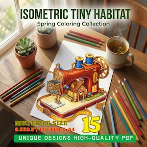 以下が含まれることがあります： 赤いミシンデザインの塗り絵ページ。 「Isometric Tiny Habitat」スプリングカラーリングコレクションの一部です。 色鉛筆、お茶のマグカップ、小さな鉢植えの植物が描かれています。 テキストには「Multiple Size 21.6x21.6cm/Letter & A4」と「Unique Designs High-Quality PDF」と書かれています。