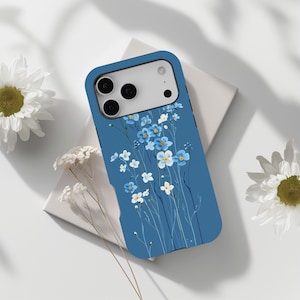 Cover minimalista blu con motivo floreale per iPhone 17 Pro Max, 16e, 15, 14, 13 e Samsung S26 S25 Ultra, S24 FE, A56, A36, Pixel 10