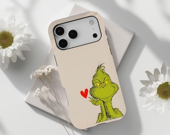 Grinch with Heart Phone Case – Funny Christmas Character, Protective Tough Case, iPhone 18 17 16 15 14 13 12 11 Pro Max, Samsung S30 S26 S25