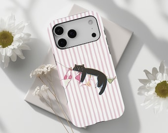 Black Cat Phone Case, Aesthetic Pink Striped Cover, Fun Lingerie Design, iPhone 17 16 15 14 13 12 Pro Max, Samsung S26 S25, Funny Girly Gift