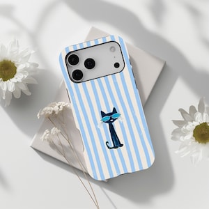 May include: A phone case with a blue and white striped design. The case features a black cat wearing blue sunglasses. The phone case is on a white surface with white flowers.