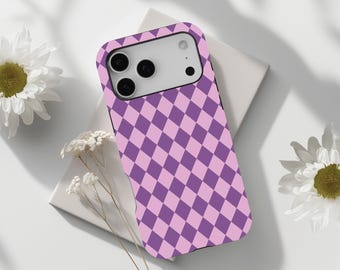 Paars Argyle-telefoonhoesje, roze dambordhoes, Y2K geometrisch, iPhone 17 16 15 14 13 12 11 Pro Max, Samsung Galaxy S26 S25 S24 S23 Ultra