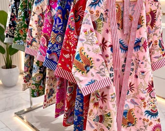 Cotton Floral Blockprint Kimono Robe – Summer Beachwear Loungewear