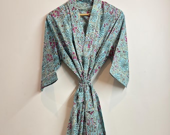 Cotton Kimono Robe Dressing Gown, Block Print Bridesmaid Robe, Summer Nightwear, One Size