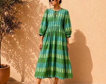 Green Stripe Cotton Midi Dress, Boho Pockets, Balloon Sleeve Cottagecore Outfit
