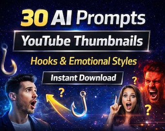 May include: A promotional image with the text "30 AI Prompts YouTube Thumbnails" and "Hooks & Emotional Styles." The image features surprised faces, question marks, and a golden hook graphic against a starry background. "Instant Download" is also displayed.