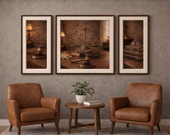 Law Office Wall Art Tri-Set – Watercolor Gavel, Scales, Books (Digital Download)