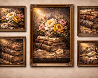 Scholar’s Garden - Set de tres láminas de arte profesional para oficina: libros de acuarela y motivos florales (descarga digital).