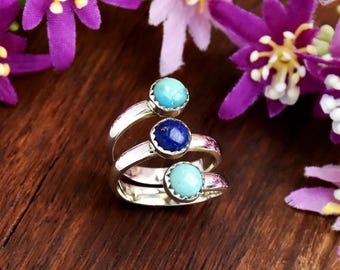 Mohave Turquoise & Lapis Lazuli Ring: 925 Sterling Silver Triple Band Adjustable Ring, Southwestern Jewelry