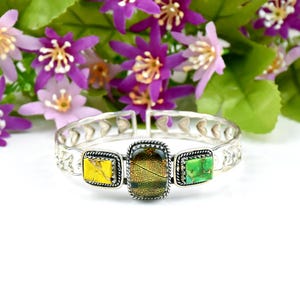 Sterling Silver Cuff Bracelet, Aurora Opal, Green Turquoise, Artisan Bangle
