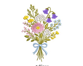 Broderidesign med vildblomsbukett | Maskinbroderifil med Spring Cottagecore-blommor