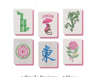 Mahjong-plattor broderidesignpaket, 6 enskilda designer (maskinbroderifil)
