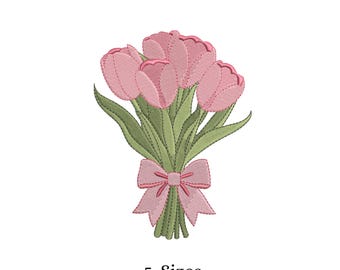 Rosa tulpanblomma med rosettbroderidesign | Maskinbroderifil för vårblommig bukett