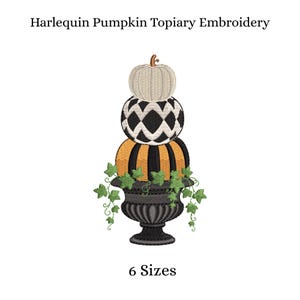 May include: Harlequin Pumpkin Topiary Embroidery design featuring a stack of three pumpkins in a black urn with green ivy. The top pumpkin is cream, the middle has a black and white diamond pattern, and the bottom has black and orange stripes. 6 Sizes.
