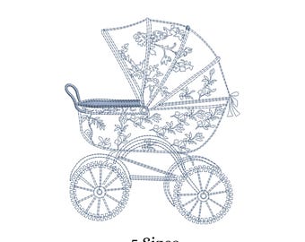 Broderidesign med Toile-barnvagn | Vintage barnvagnssömfil (5 storlekar)