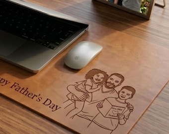 Personalized Photo Dad Desk Mat, Custom Father's Day Gift, Sketch Line Art
