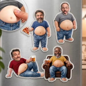 May include: A set of five custom refrigerator magnets featuring caricatures of individuals with exposed bellies. The designs include a close-up of a finger pressing a belly, a person holding a pizza slice, a standing person, a person reclining with a beer, and a person sitting in a leather armchair with a beer.