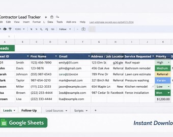Contractor Lead Tracker & Follow Up CRM | Service Business Lead Management Spreadsheet | Job Tracking and Sales Organizer
