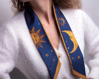 Pañuelo fino de seda italiana, lazo celestial con luna y sol, pañuelo de doble cara para el cuello y el cabello.