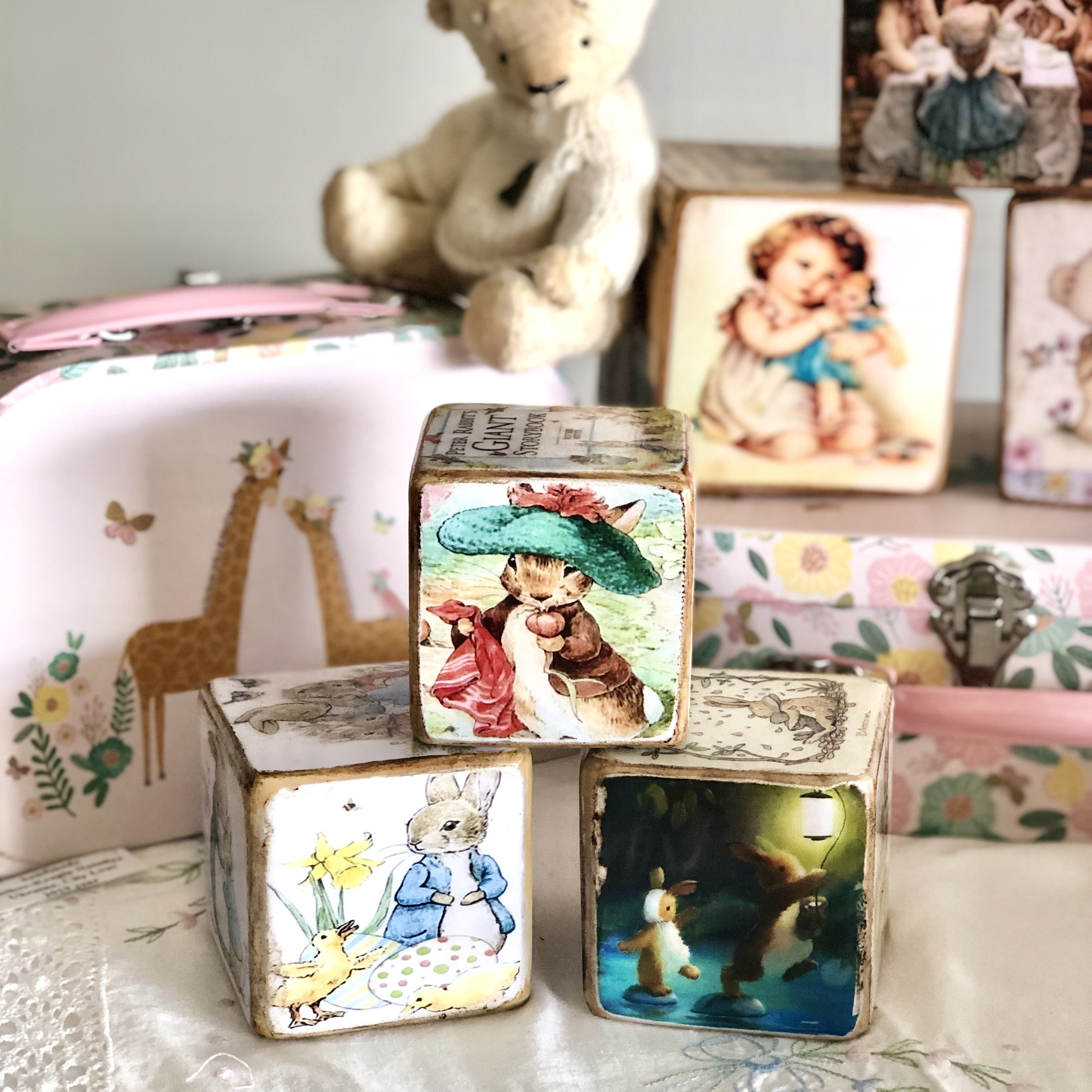 Medium wooden block Decoupage Peter Rabbit 7x7cm Vintage Etsy