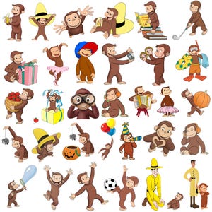 Pode incluir: Uma coleção de ilustrações apresentando Curious George em várias atividades, incluindo segurar uma banana, usar chapéus, ler livros, praticar esportes, dançar de tutu, usar binóculos, tocar acordeão e interagir com um homem de amarelo.