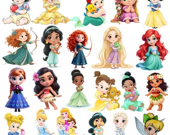 May include: A collection of cartoon illustrations of various princesses, each in a unique pose and outfit. The princesses are depicted with large eyes and vibrant colors, showcasing their iconic dresses and accessories. The image is a colorful display of beloved fairytale characters.