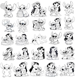 Può includere: Illustrazioni in bianco e nero dei personaggi Lilo e Stitch in varie pose. Stitch è raffigurato con un lecca-lecca, una torta e su uno skateboard. Lilo è mostrata con Stitch, con una corona di fiori e palloncini.