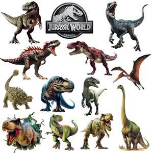 Peut inclure: Illustrations de dinosaures variés, dont un T-Rex, un Vélociraptor et un Brachiosaure. Le logo "Jurassic World" est également présent. Les dinosaures sont de couleurs et de poses différentes, adaptés aux autocollants ou aux impressions.