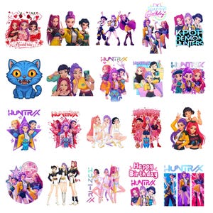 Peut inclure: Plusieurs graphismes colorés avec des illustrations stylisées d'un groupe de femmes. Certains designs incluent le texte "Huntrix", "K-POP DEMON HUNTERS" et "Happy Birthday". Les images sont sur fond blanc.