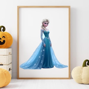 May include: A framed print featuring a cartoon illustration of a woman in a long, flowing teal gown with snowflake accents. The woman has long, braided blonde hair and is set against a white background. The frame is a light brown color.