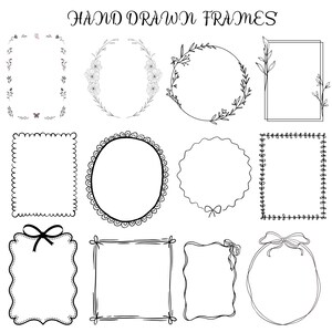 May include: Hand-drawn frames in various shapes, including rectangles, ovals, and circles. The frames are decorated with floral and leaf motifs, bows, and scalloped edges. The text "HAND DRAWN FRAMES" is at the top.