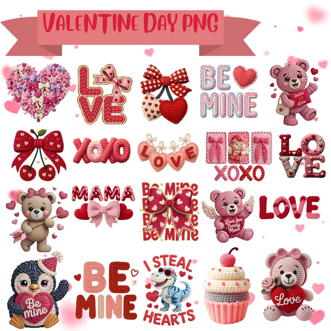 Valentines Day PNG Bundle Faux Yarn Latch Hook Yarn Bow Coquette ...
