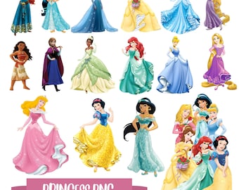 Princess PNG Cliparts Bundle, Princess Cartoon PNG Images, Birthday Theme Princesses Clipart Set, Transparent Background, Digital Download