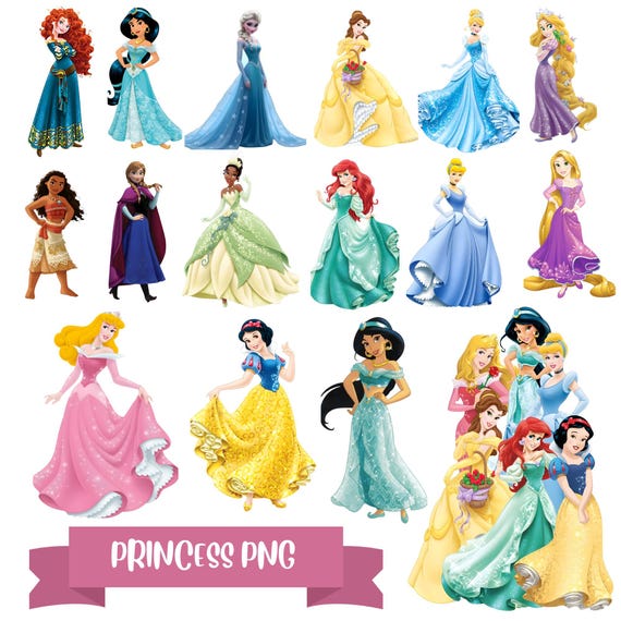 Princess PNG Cliparts Bundle, Princess Cartoon PNG Images, Birthday Theme Princesses Clipart Set, Transparent Background, Digital Download