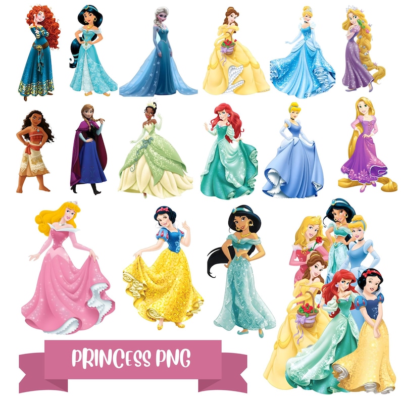 Princess PNG Cliparts Bundle, Princess Cartoon PNG Images, Birthday Theme Princesses Clipart Set, Transparent Background, Digital Download image 1