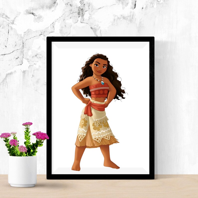May include: A framed print featuring a cartoon illustration of a woman with long, dark curly hair. She wears a red and orange top, a white skirt with a gold floral pattern, and a red sash. A turquoise necklace is around her neck.