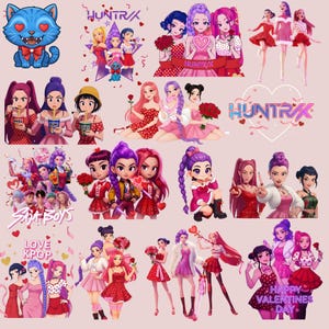 May include: A collection of digital illustrations featuring anime-style characters in various poses and outfits. The color palette includes pink, red, purple, and blue. Some images include text such as "HUNT/X", "HAPPY VALENTINES DAY", and "LOVE KPOP".